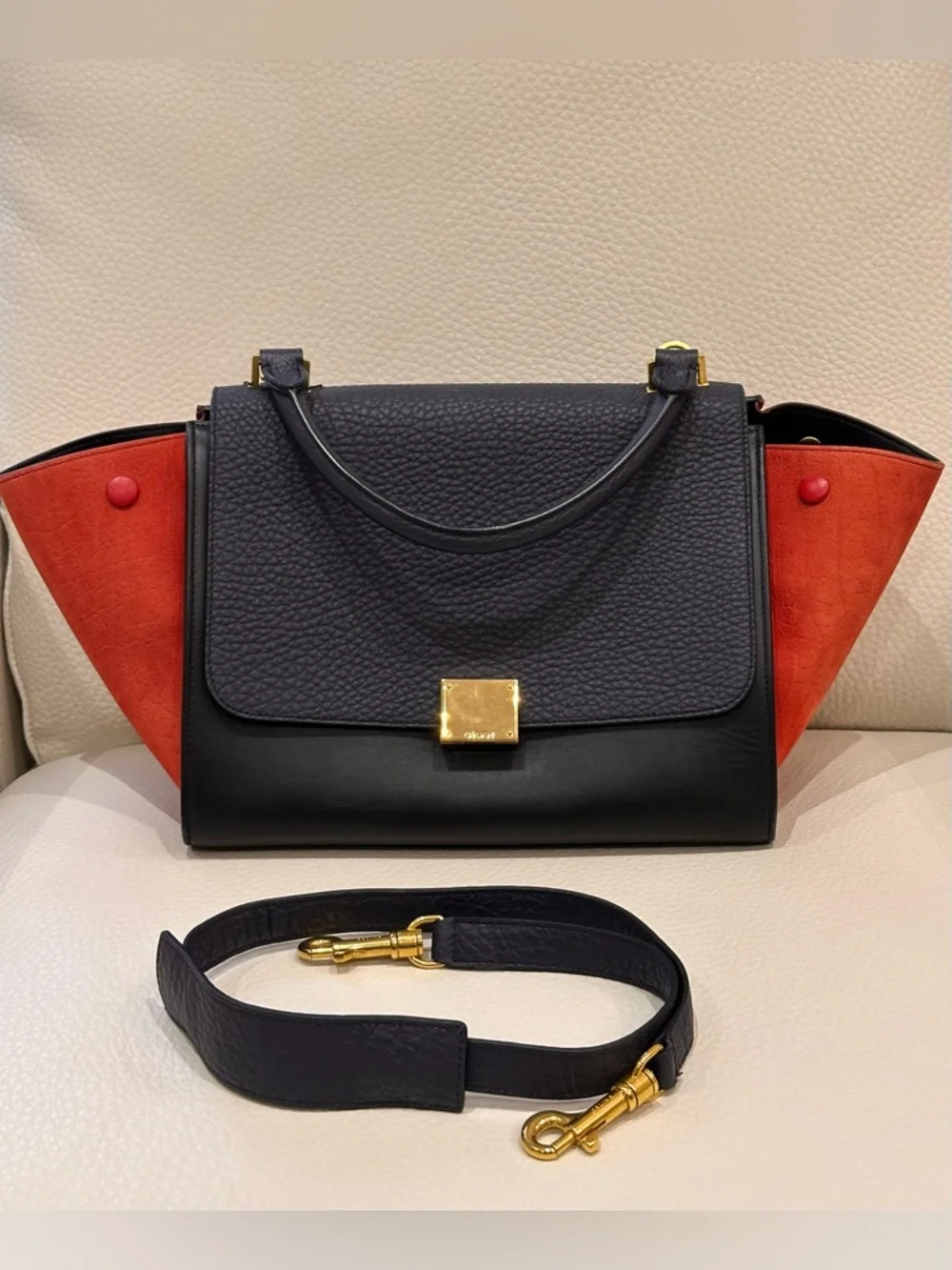 Celine Tricolor Trapeze Satchel in Black, Navy & Red /Size Small - Picture 3 of 15